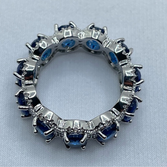 Sapphire Blue CZ Eternity Band Silver Halo Ring Bold Statement Stacking Sz 8 - Picture 6 of 6